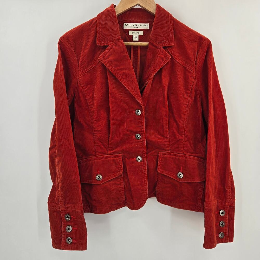 Tommy Hilfiger Women Vintage Y2K Preppy Tailored Corduroy Blazer Jacket L Orange